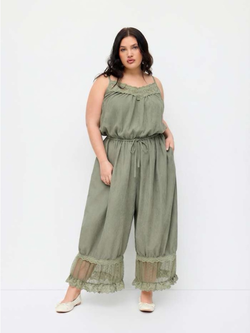 Cider Olive Lace-Trim Wide Leg Jumpsuit